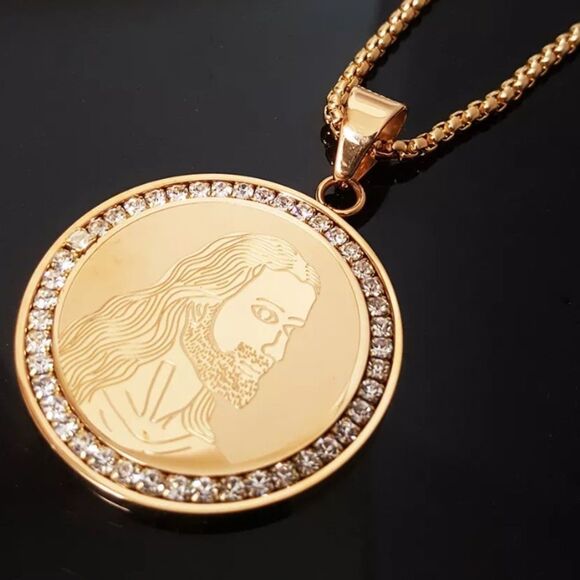 Jesus Medallion Pendant Iced Out 14K Gold 24” Rope​ - Picture 2 of 2